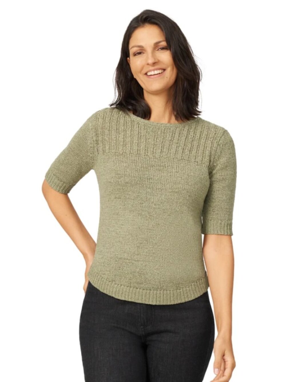 NWT Melissa Paige Elbow Sleeve Ribbed Edge Tape Yarn Sweater in Tea Large